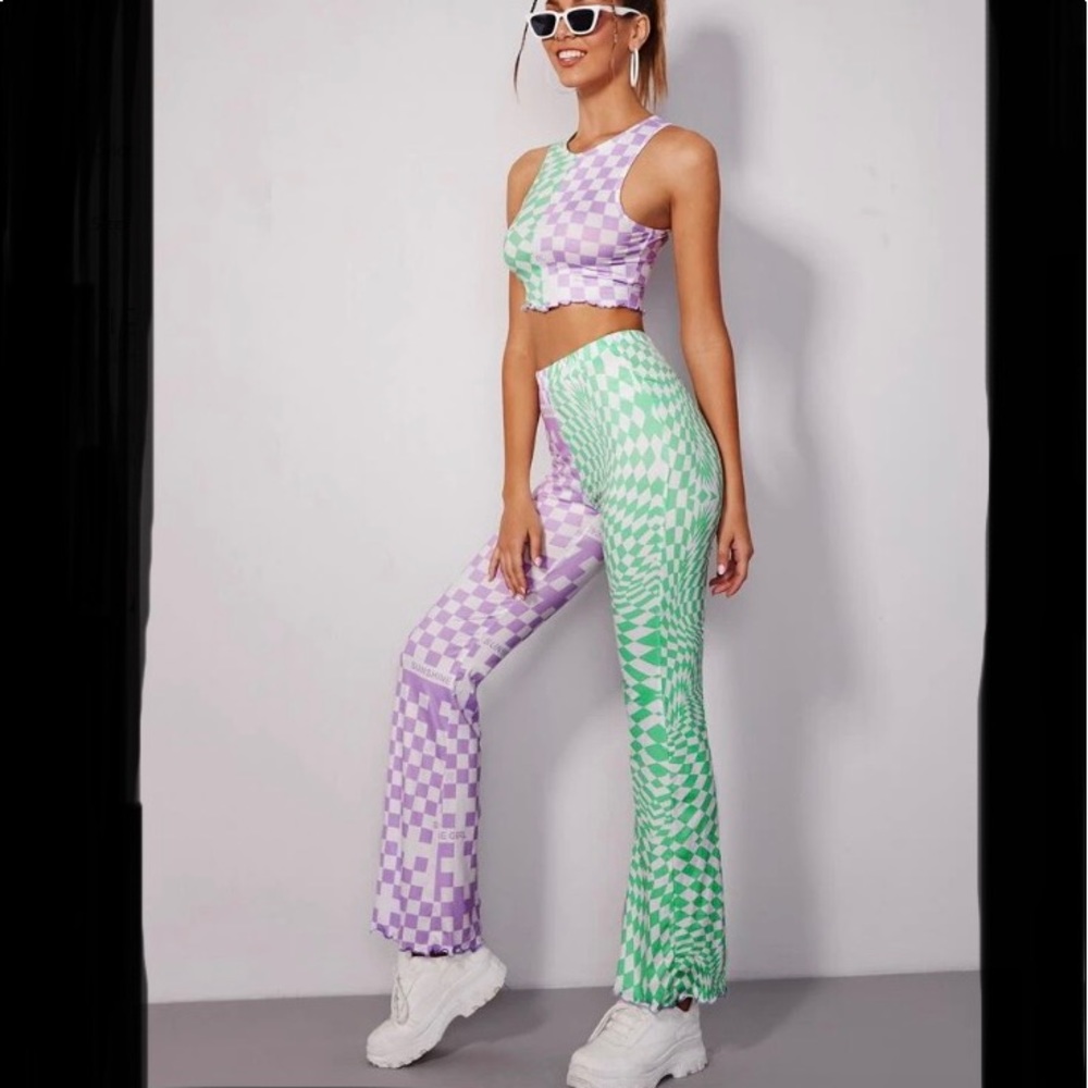 🏃🏽‍♀️🛼Checkered & Letter Print Tank Top & Pants Set🛹⛸ Boutique New 12(L)🛼 - Picture 5 of 6